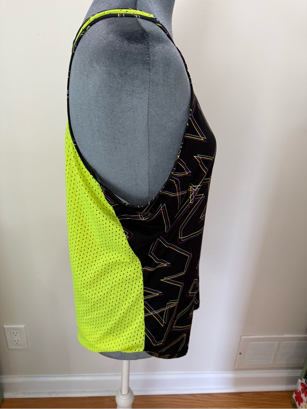 Zumba Fitness Neon Yellow Mesh Top with Black Trim and Multicolor Stripe Detail - Picture 4 of 13